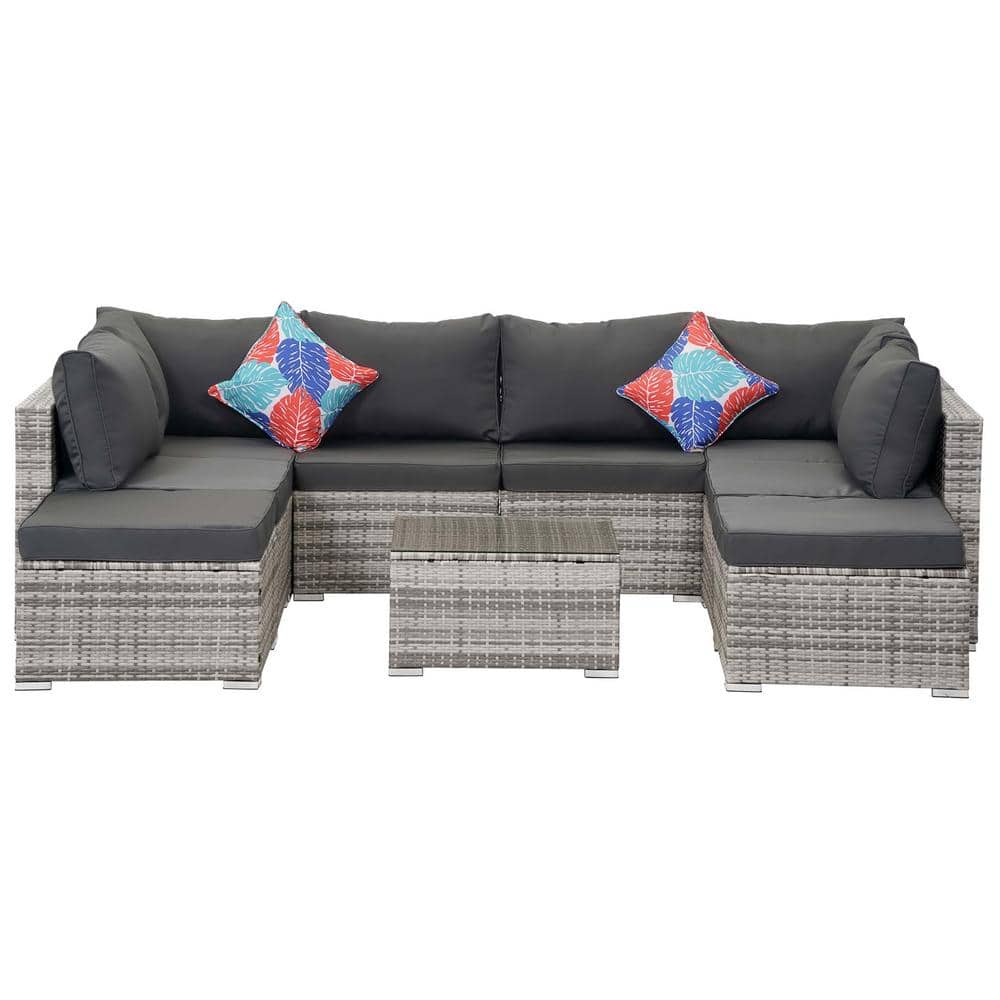 Luckbyte 7-piece gray wicker outdoor patio sectional sofa set with gray cushions and a coffee table.