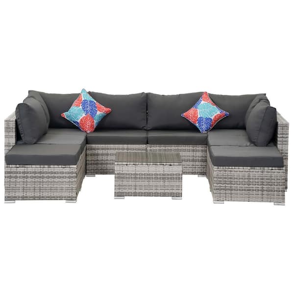 Zeus & Ruta 7-Piece Gray Wicker Outdoor Patio Sectional Sofa Conversation Set with Gray Cushions and 1 Coffee Table