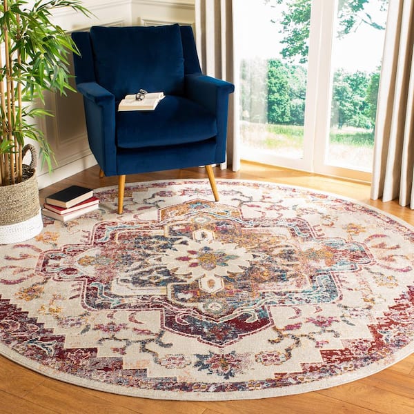 Crystal 8 ft. x 8 ft. Round Light Blue/Burgundy Distressed Border Area Rug