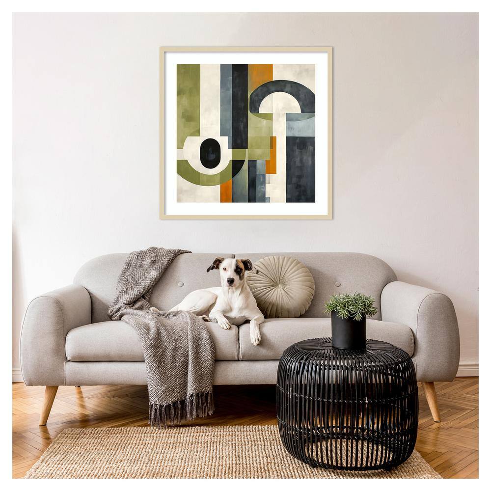 Sage Green and Orange Geometric Abstract 33"x33" Wood Framed Wall Art