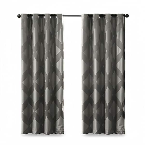 Charcoal Gray Polyester Jacquard Damask 50 in. W x 84 in. L Blackout Rod Pocket Indoor Blackout Curtain, Single Panel