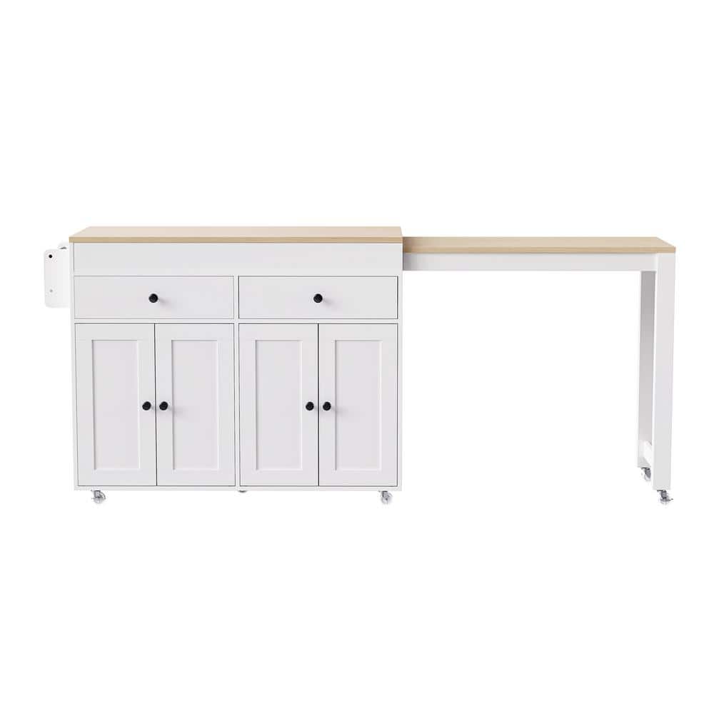 White Wood 74.5 in. Kitchen Island with Spice Rack and 2-Drawers, 4-Doors f