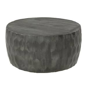 33 In. Gray Wooden Round Drum Coffee Table with Geometric Carved Pattern