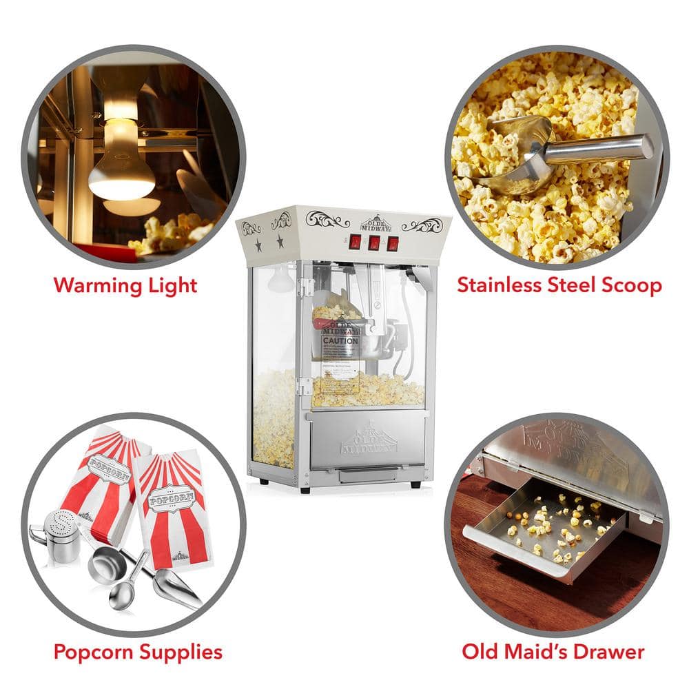 Olde Midway Cream Vintage-Style Countertop Popcorn Machine with 8 oz Kettle