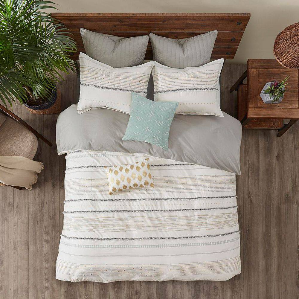 Full Off-White and Gray Cotton Comforter Set with Trims