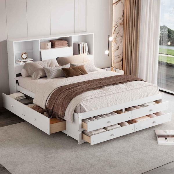 White Wood Frame Queen Size Platform Bed with Storage Headboard and 8 Drawers