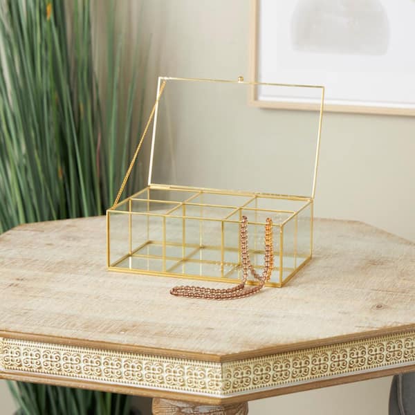 Clear Glass 6 Slot Jewelry Box with Gold Metal Frame and Chain Accent