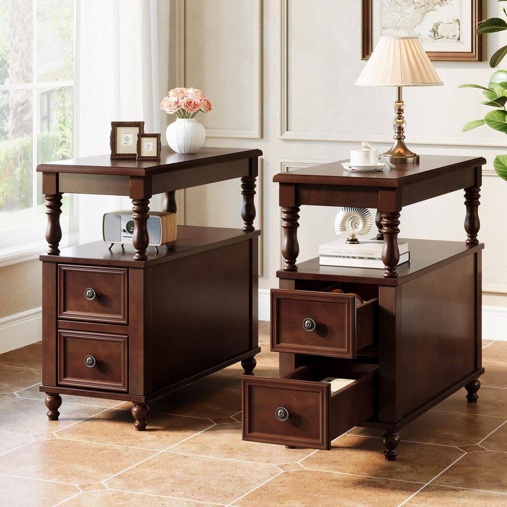 Kerlin 11.81 in. W x 23.62 in. D Vintage Brown 2-Drawer Solid Wood End Table Side Table w// Open Storage Shelf(Set of 2)