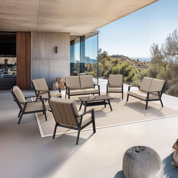 PURPLE LEAF 7 Piece Patio Furniture Set w/ Thick Cushions Metal Patio Conversation Sets 4 Armchairs and 2 Loveseats and Coffee Table