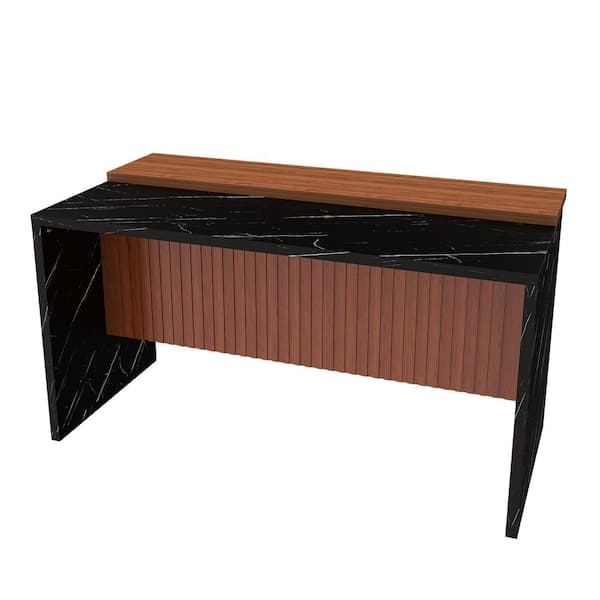 Walnut Black Wood 36.69 in. Kitchen Island with Marble-Look Surface and LED Lights