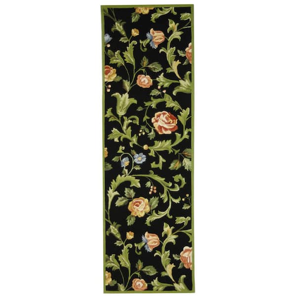 Chelsea 3 ft. x 14 ft. Black Border Floral Vines Runner Rug