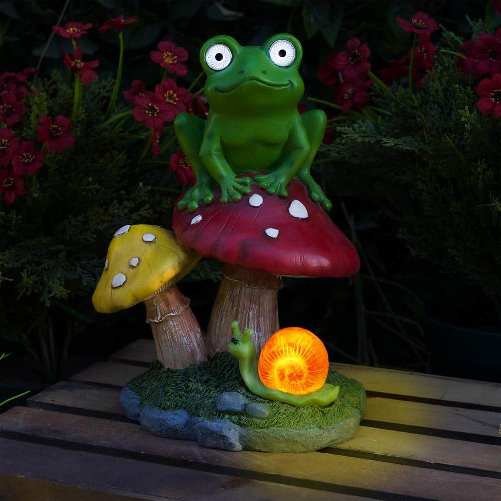Solar-Powered Frog on Mushroom Polyresin Garden Statue with LED Eyes