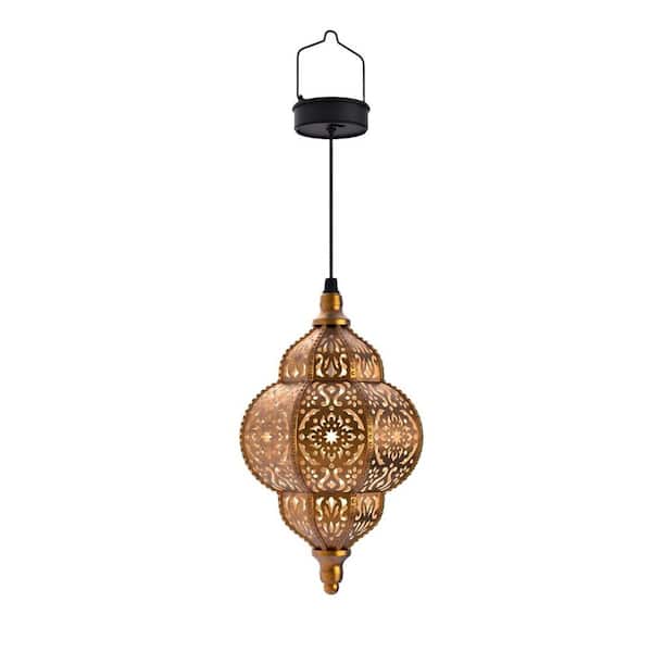 Moroccan Style Hanging Solar Torches Lights, Outdoor Waterproof Plastic Lantern for Patio Pathway Backyard in Bronze