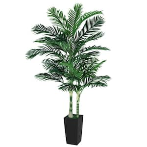 7FT Golden Cane Palm Trees Artificial Tall Faux Palm Tree with Black Planter with Natural Wood Trunk and Lifelike Leaves