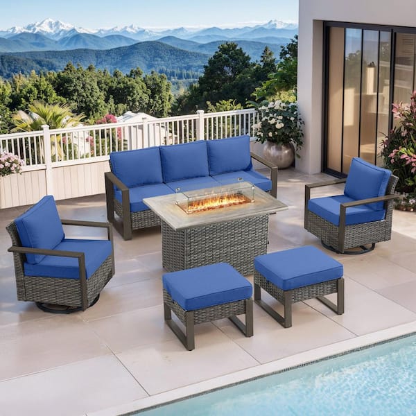 Funky 6-Piece Gray Wicker Outdoor Fire Pit Patio Conversation Sofa Sets with Swivel Rocking Chairs with Blue Cushions