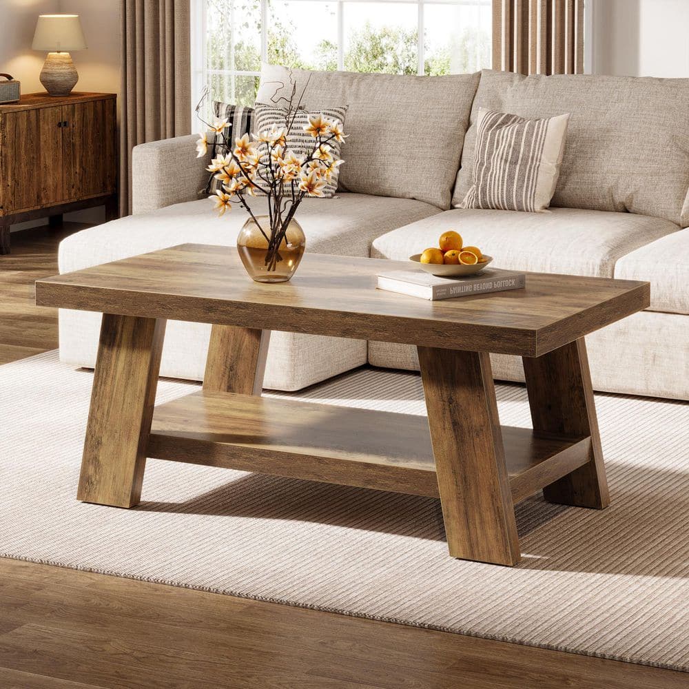 BYBLIGHT Allan 47.24 in. Brown 2-Tier Center Table, Farmhouse Rectangle Wood Coffee Table, Rustic Tea Table for Living Room BB-F2218HY