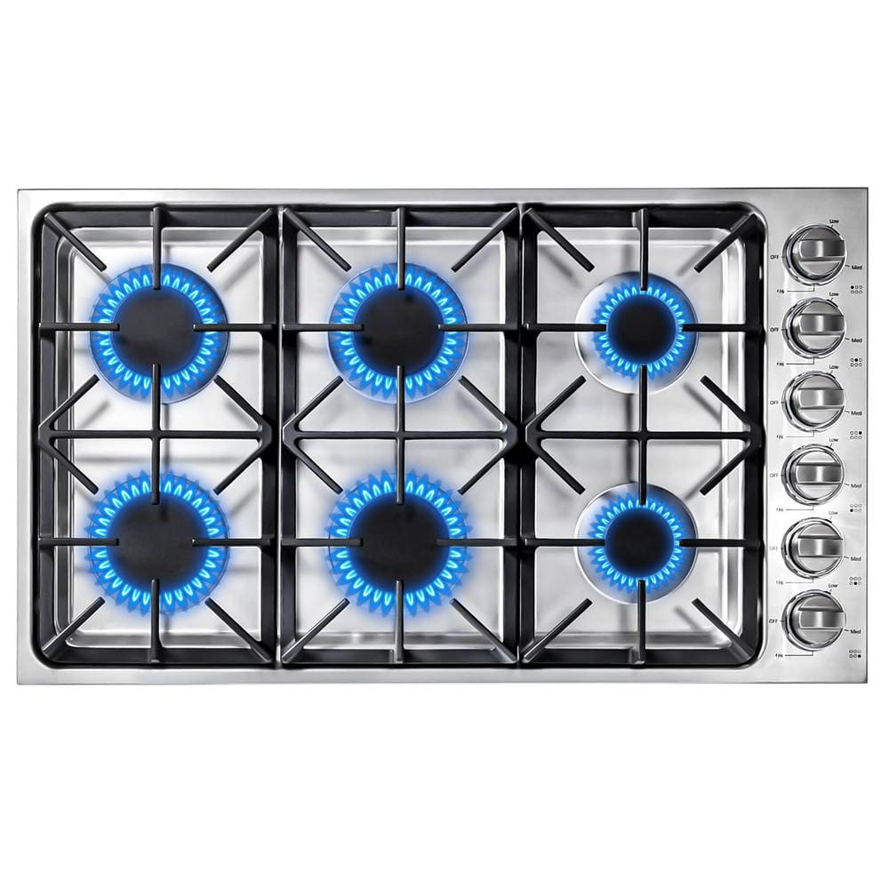 Phivve Prodex 36 in. 6 Burners Recessed Gas Cooktop in Stainless Steel with 17K, 12K, 6K BTU Power Burners