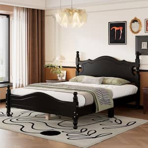Retro Style Black Wood Frame Full Size Platform Bed with Royal Style Headboard and Extra Support Legs