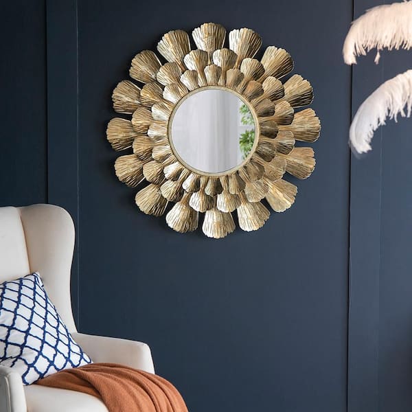 White 37 in. W x 37 in. H Art Deco Round Iron Framed Mirror Wall Mirror Wall Decor Mirror