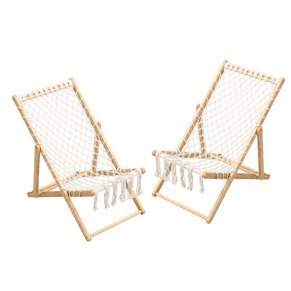 Set of 2 Handwoven Rope Lounge Chairs-Adjustable Bamboo Frame Patio Chairs for Garden, Balcony, Poolside