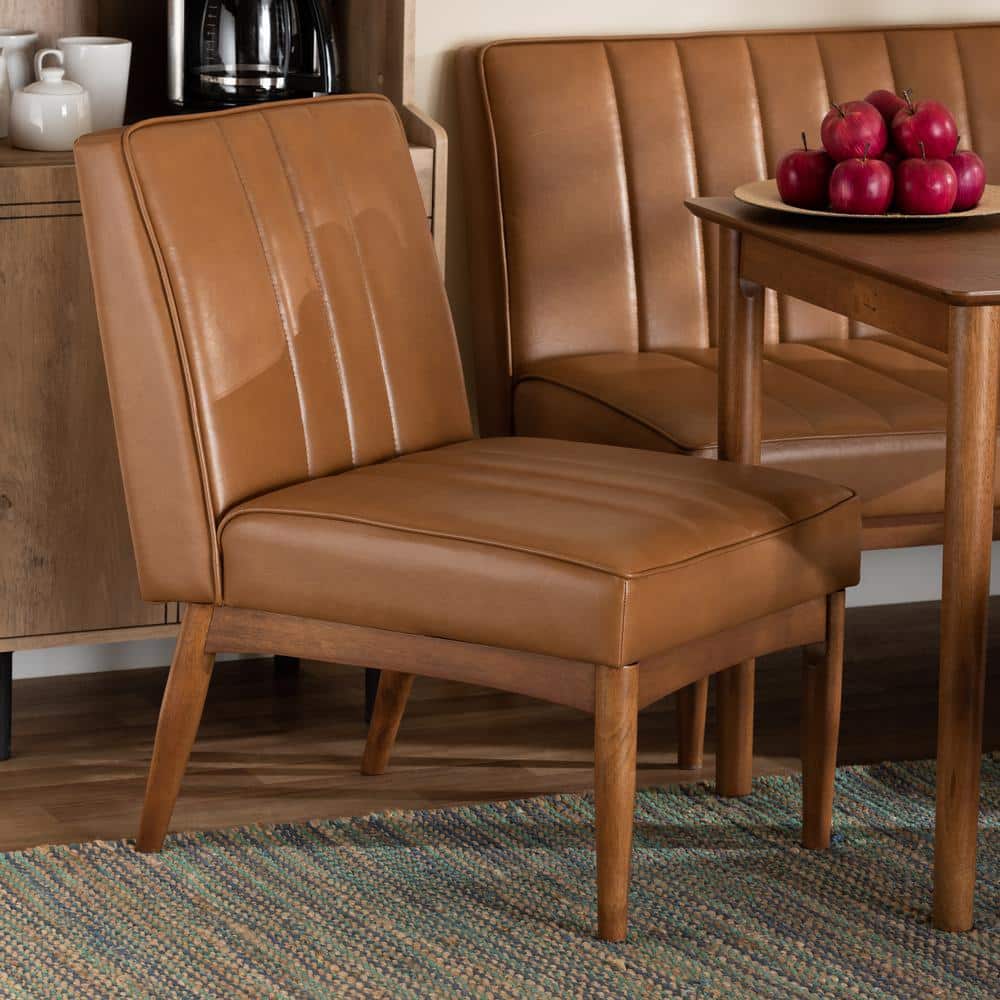 Tan Faux Leather and Walnut Wood Low Arm Chair