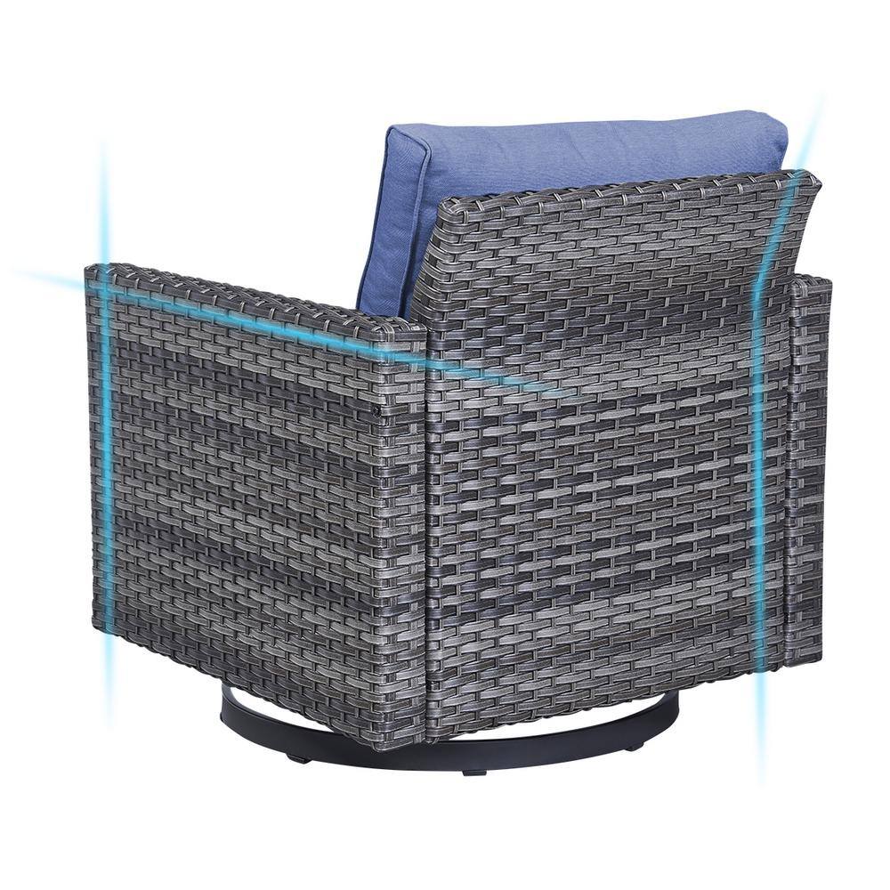 Gray Wicker Outdoor Swivel Rocking Armchairs with Blue Cushions