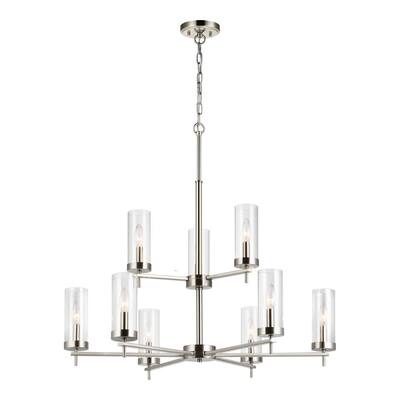 Zire 9-Light Brushed Nickel Modern Minimalist Hanging Candlestick Chandelier with Clear Glass Shades