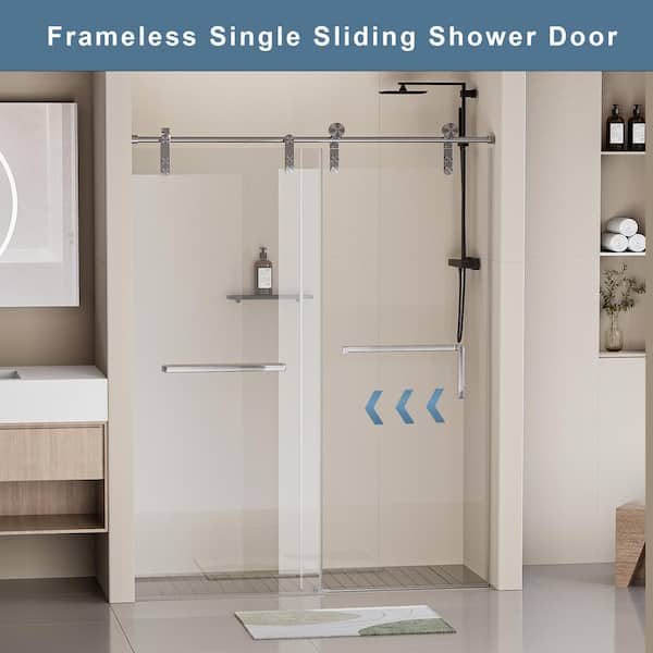 56 in. to 60 in. W x 76 in. H Single Sliding Frameless Shower Door in Brushed Nickel Finish with 5/16 in. Tempered Glass