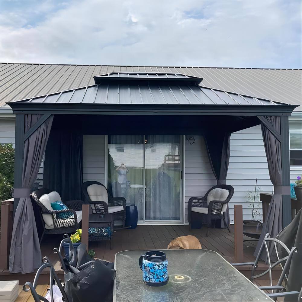 12' x 14' Gray Aluminum and Steel Hardtop Gazebo with Curtains