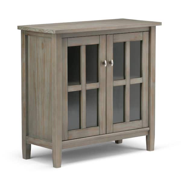 Simpli Home Warm Shaker Solid Wood 32 in. Wide Transitional Low Storage Cabinet in Distressed Grey