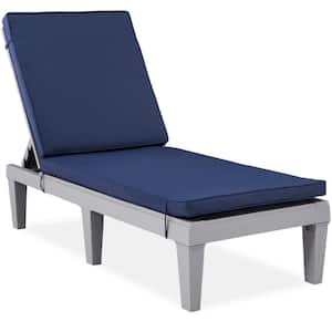 Gray 1-Piece Plastic Resin Outdoor Chaise Lounge Adjustable Height with Navy Cushion