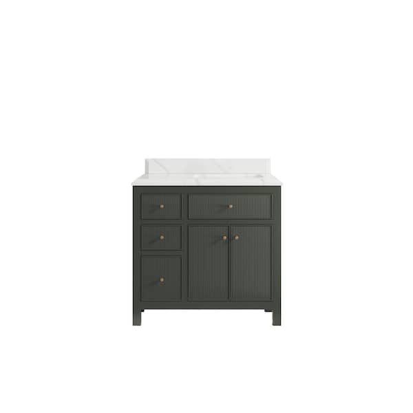 Willow Collections Sonoma 36 in. W x 22 in. D x 36 in. H Right Offset Sink Bath Vanity in Pewter Green with 1.5 in. Calacatta Quartz Top