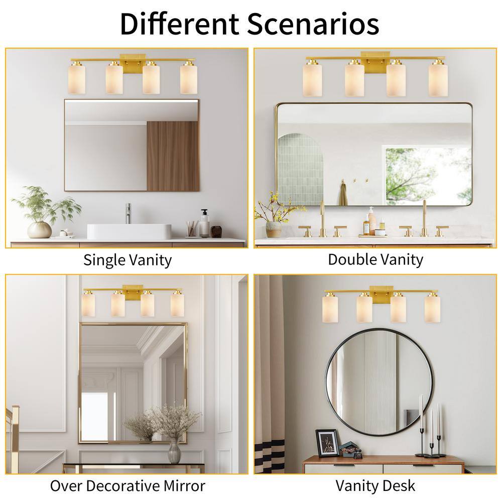Gold Brass 4-Light Dimmable Vanity Light with Frosted Glass
