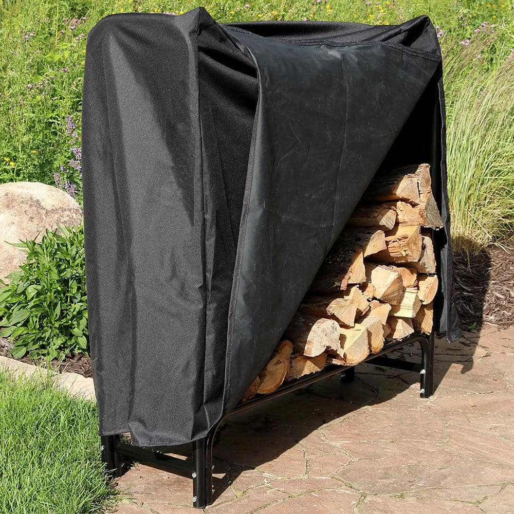 4-Foot Black Steel Firewood Log Rack with Weather-Resistant Cover