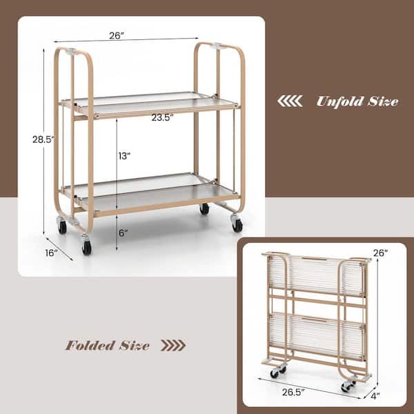 2-tier Foldable Kitchen Bar Cart Mobile Tempered Glass Serving Cart w/Handle