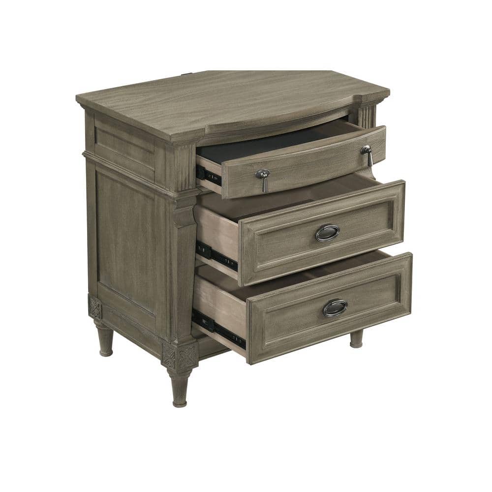 Transitional French Grey 3-Drawer Nightstand with USB Ports