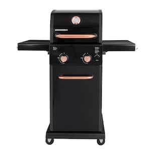 2-Burner Compact Gas Grill with Foldable Side Tables in Black with Copper Accent