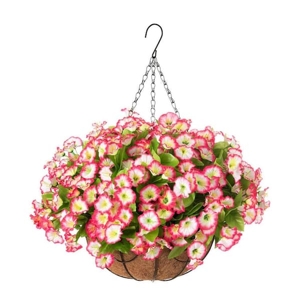 Unbranded Patio Decoration Series: 21.6 in. H x 15.7 in. W Pink Artificial Petunias Flowers with Hanging Baskets