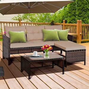 3-Pieces Rattan Outdoor Furniture Set Patio Couch Sofa Set with Coffee Table Yellowish Cushion