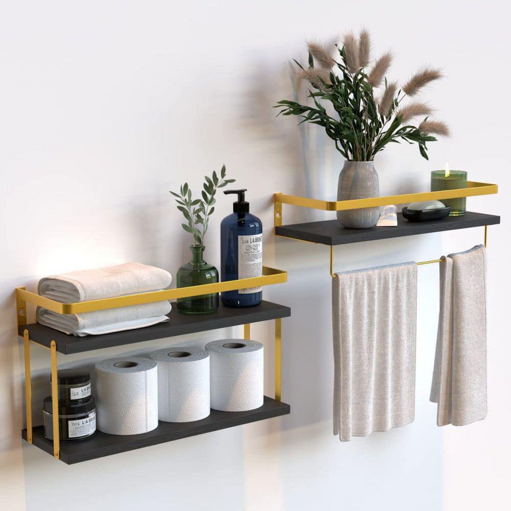 Dyiom 16 in. W 16 in. H x 5.9 in. D Bamboo Square Bathroom Organizer Shelves Adjustable 3-Tiers Floating Shelf in Golden