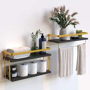 16.14 in. W x 6 in. D x 3 in. H Gold Black 2+1 Tier Bathroom Wall Mounted Floating Shelves with Metal Frame