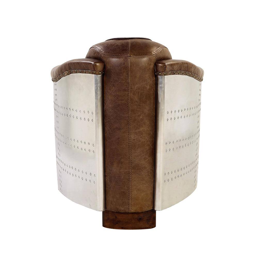 Retro Brown Top Grain Leather and Aluminum Accent Chair