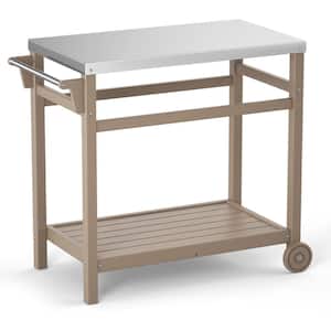 Outdoor Prep Cart Dining Table for Pizza Oven, Patio Grilling Backyard BBQ Grill Cart, Wood Color