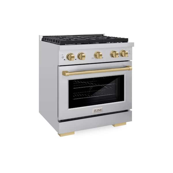 ZLINE Kitchen and Bath Autograph Edition 30 in. 4-Burner Freestanding Gas Range and Convection Oven in Stainless Steel and Champagne Bronze