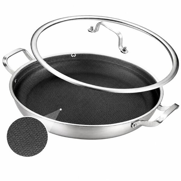 14 in. Tri-Ply Stainless Steel Nonstick Saute Pan with Lid, Hybrid Induction, Paella Pan for Indoor and Outdoor Use