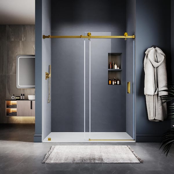 UNIKOO UKS05 61 to 65 in. W x 80 in. H Sliding Frameless Shower Door in Satin Brass, EnduroShield 3/8 in. SGCC Clear Glass