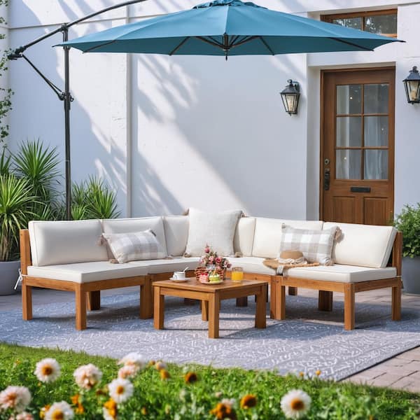Hawaii Vibe 6-Piece Acacia Patio Conversation Set Rope Woven Chic Outdoor Sectional Sofa with Table and Cream Cushions