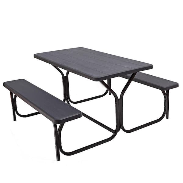 Unbranded 54 in. Black Rectangle Metal Outdoor Picnic Table Bench Set with HDPE Table Top And Bench Top