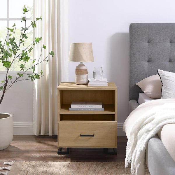 Walker Edison Furniture Company 1-Drawer Coastal Oak Wood and Metal Modern L-Leg Nightstand