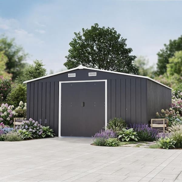 Gray 10 ft. W x 12 ft. D Metal Outdoor Storage Shed with Two Daylight Windows and Sliding Door for Garden (120 sq. ft.)